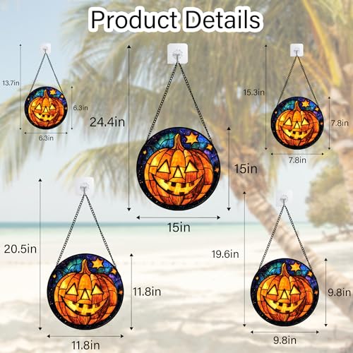 Stained Glass Window Hanging Halloween Horror Golden Pumpkin 11.8"