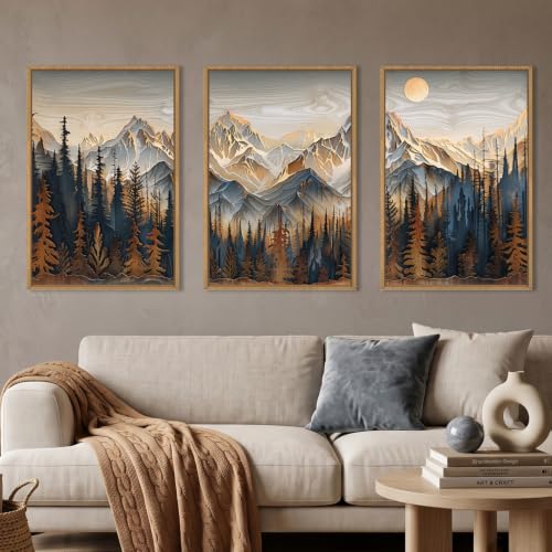 Rustic Pine Tree Mountain Framed Canvas Wall Art Set