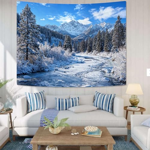 Winter Forest Snow Mountain Tapestry Snowy Pine Tree Woodland Tapestry for Bedroom Aesthetic White Clouds Flowing River Landscape Tapestries Wall Hanging for Living Room Dorm Office 48 x 36 Inch