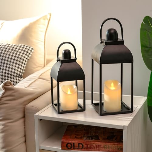 Lanterns Decorative Indoor 15" 11" Set of 2 Black Metal Lantern with Candle (2 Count)