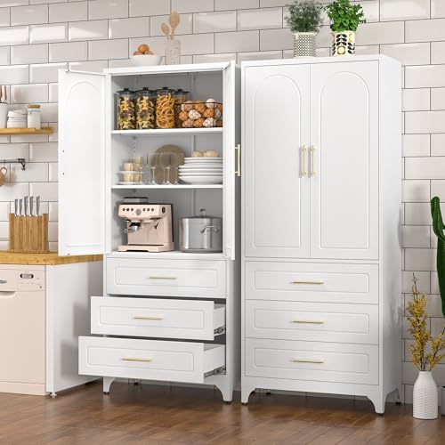 75" Tall White Metal Pantry Storage Cabinet with 3 Drawers