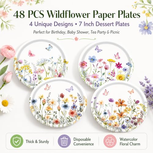 48 Pcs Wildflower Paper Plates (48 Count)