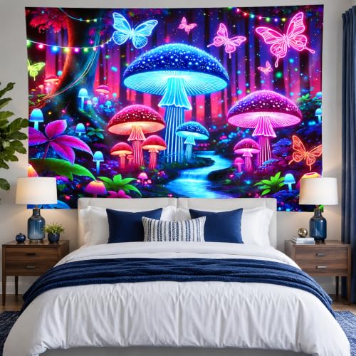 Blacklight Tapestry Butterfly Mushroom Wall Art 78 x 59 Inch