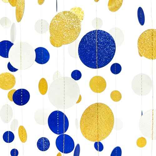 Royal Blue Gold White Party Polka Dot Garland Dark Blue Glitter Gold White Hanging Paper Circle Dots Streamer for Birthday Graduation Wedding Shower Retirement Nautical Party Decorations Supplies
