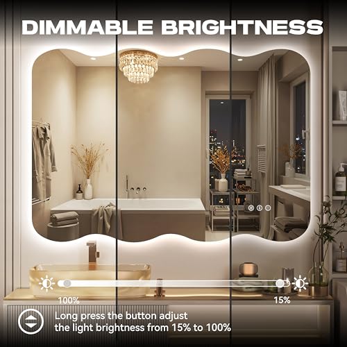 28"x20" Wavy Mirror with Lights Frameless Backlit LED Wall Mirror