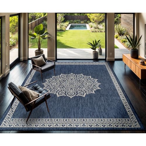 Outdoor Rug 10x14 Medallion Blue Modern Large Area Rugs for Indoor and Outdoor Patios Kitchen and Hallway Mats Washable Porch Deck Outside Carpet (140 Sq Ft)