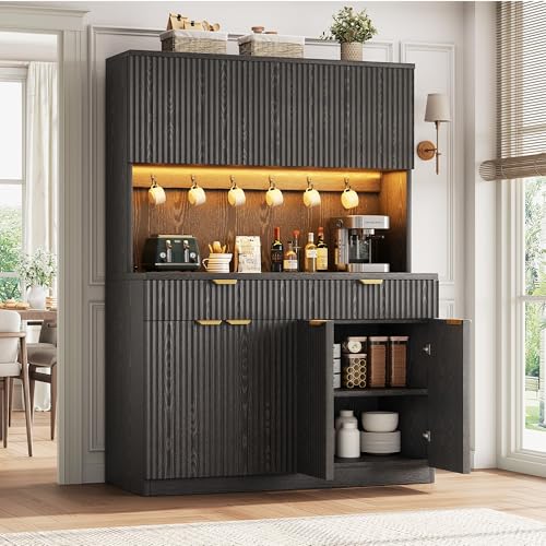 Fluted Kitchen Pantry Storage Cabinet with Charging Station & LED Lights