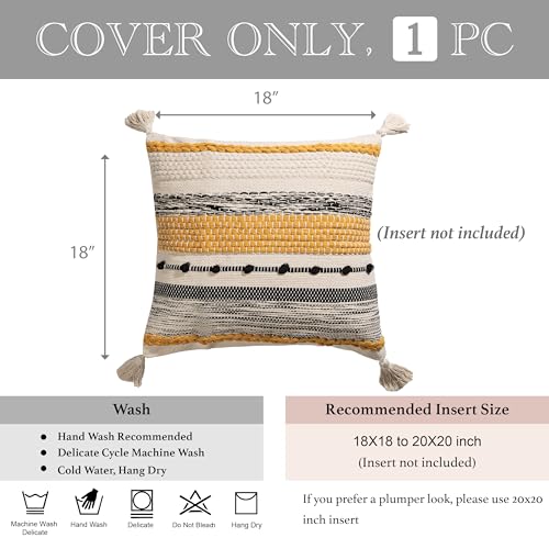 Yellow Mustard Decorative Throw Pillow Cover 18x18 Square Boho Accent Pillowcase Tassels Farmhouse Cushion for Couch Sofa Bedroom Living Room Home Décor Cover ONLY