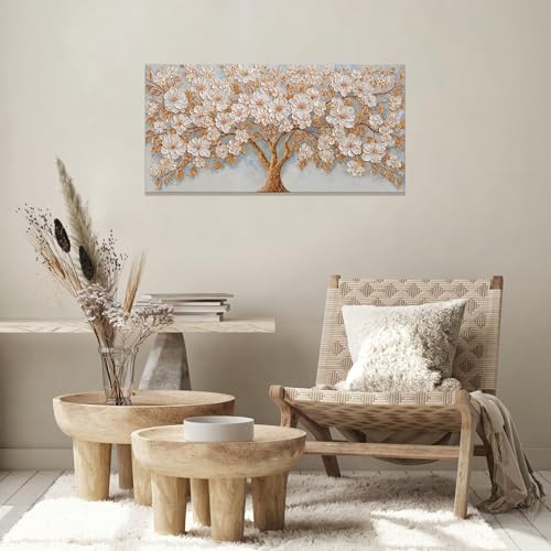 Canvas Wall Art Decor Gold Tree of Life Canvas Art Wall Decor For Living Room Modern Botanical Decor Nature White Flower Wall Art Floral Tree Artwork For Walls Bedroom Home Office Wall Decor 20"×40"