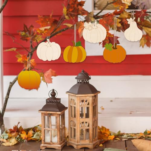 24 PCS Unfinished Wooden Fall Crafts Pumpkin Shaped Hanging Ornaments (24 Count)