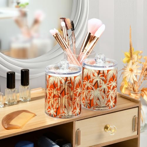 2 Pack Qtip Holder Organizer Dispenser Palm Trees Orange Color Bathroom Storage Canister Cotton Ball Holder Container for Cotton Pads (2 Count)