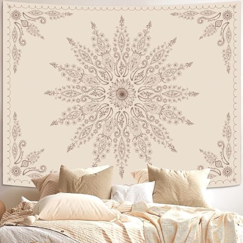 Boho Floral Mandala Tapestry for Bedroom Aesthetic Bohemian Flower Wall Tapestry Beige Hippie Indian Small Tapestries Wall Hanging for Living Room Dorm Decor 48 x 36 Inch