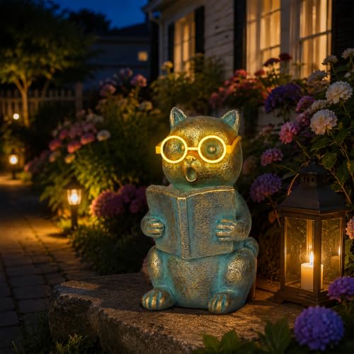 Solar Reading Cat Decor with Light