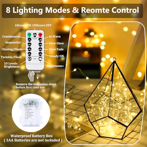 2 Pack Fairy Lights Battery Operated with Remote 66FT 200 LED Warm White (2 Count)