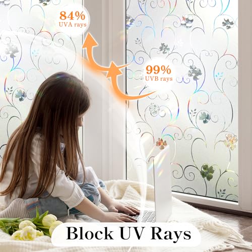 Window Privacy Film 3D Flower Pattern Stained Glass Window Film Frosted Rainbow Window Film Decorative Decals Removable Static Clings Vinyl Anti UV Window Cling for Home 23.6 x 118 inches