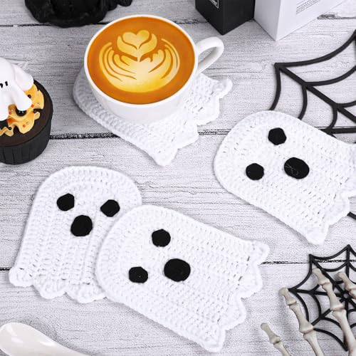 4Pcs Halloween Ghost Coasters Handmade Crochet Drink Coasters Woven Fabric Cup Mat for Home Kitchen Party Table Decor (4 Count)