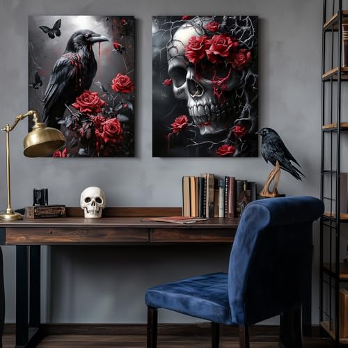 Wrapped Canvas Dark Goth Crow Rose Skull Wall Art Set of 3 (3 Count)