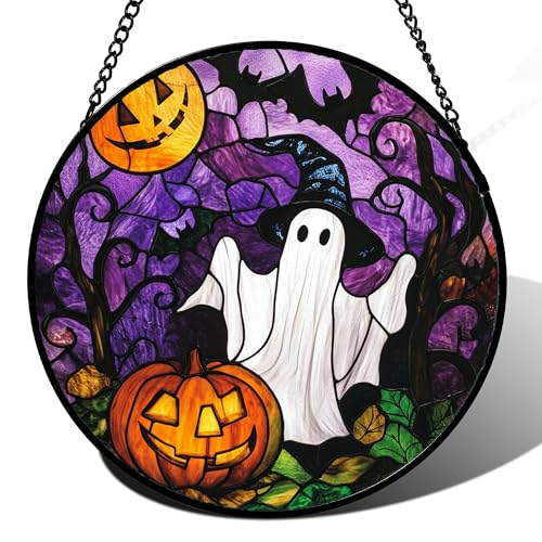 Stained Glass Window Hanging Halloween White Ghost Black Bat 9.8"