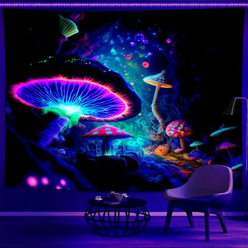 Blacklight Mushroom Tapestry Glow In The Dark Fantasy Forest Tapestry UV Reactive Magic Tapestries Wall Hanging Decor for Bedroom Dorm Living Room