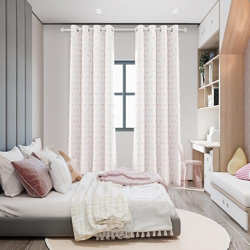 Total Blackout Curtains for Living Room 108 Inch Long 100% Light Blocking Curtains for Bedroom 2 Panels Set Privacy Protect Grommet 2 Layered Drapes with Pink Pom Pom Sheer 50W x 108L