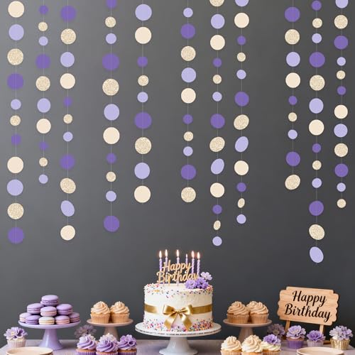Champagne Gold Purple Cream Nude Polka Dots Garland Lavender Hanging Paper Circle Dot Streamer for Birthday Wedding Shower Engagement Bridal Shower Lilac Violet Theme Party Decorations Supplies