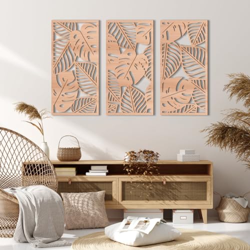 Large Wood Tropical Wall Art 15.9X32 Inch Carved Palm Leaves Wall Decor Coastal Leaf Monstera Plant Wall Sculptures for Living Room Bedroom Set of 3