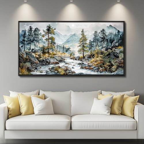 Large Wall Art For Bedroom Wall Decor For Living Room Office Decoration Rivulet View Painting Forest Tree Landscape Watercolour Pictures Canvas Artworks Home Decor Black Framed 24x48 In