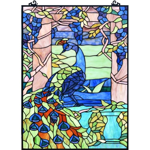 W10095 Blue Peacock Tiffany Style Stained Glass Window Panel