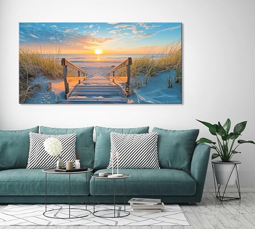 Beautiful White Sandy Beach Pier by Seaside at Sunset Landscape Wall Art Decor Artwork for Bedroom Living Room