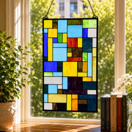 Geometric Color Block Tiffany Style Stained Glass Window Panel with Hanging Chain
