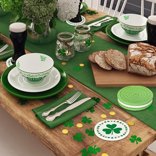 4Pcs St. Patrick's Day Handmade Braided Drink Coasters Shamrock Lucky Clover Cotton Coasters Irish Green Absorbent Cup Mat Tabletop Protection for Home Office Party Tableware (4 Count)