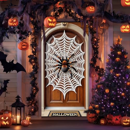 Halloween Door Cover Tarantula Spider Web 35x71 Inch Polyester