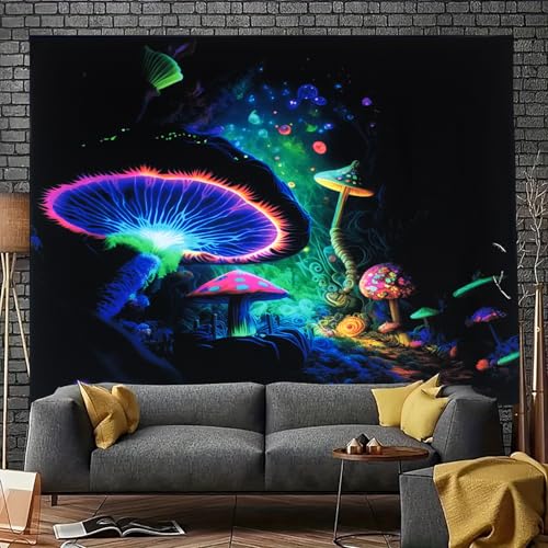 Blacklight Mushroom Tapestry Glow In The Dark Fantasy Forest Tapestry UV Reactive Magic Tapestries Wall Hanging Decor for Bedroom Dorm Living Room