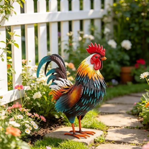 Rooster Garden Statue Sculpture Metal Chicken Yard Decor Outdoor Figurines Patio Backyard Decoration