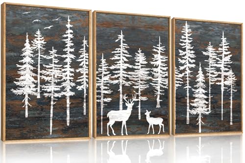 Vintage Pine Tree Deer Framed Canvas Wall Art Set