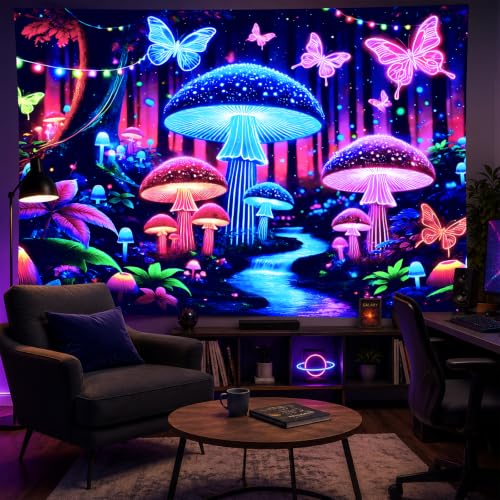 Blacklight Tapestry Butterfly Mushroom Wall Art 78 x 59 Inch