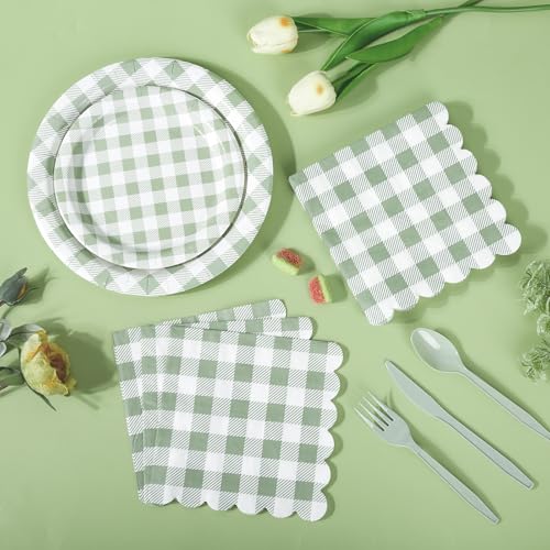 175 Pcs Sage Green Gingham Paper Plates and Napkins Cups (175 Count)