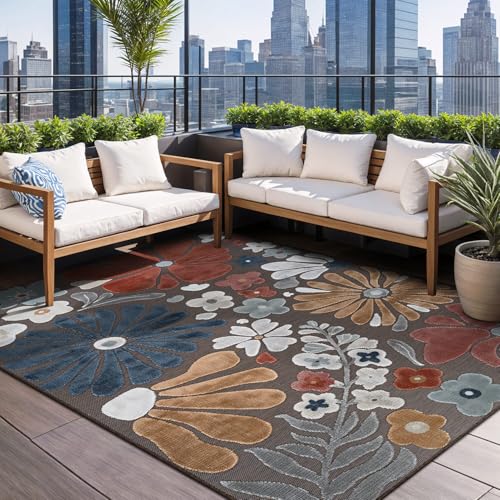 Outdoor Rug 10x14 Large Modern Floral Tropical Area Rugs for Outdoor and Indoor Patio Easy to Clean Non Shedding Living Room Porch Garden Washable Outside Carpet