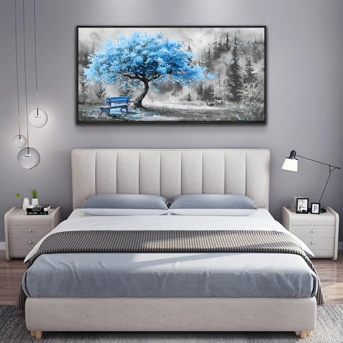 Large Black Framed Wall Decor For Living Room Canvas Wall Art For Office Modern Wall Decorations For Bedroom Blue Tree Landscape Paintings Black And White Pictures Home Decor 24x48 In
