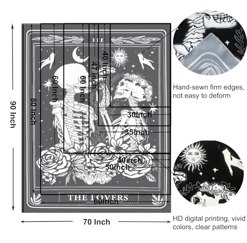 The Lovers Skull Tapestry Gothic Tapestry Vertical Black and White Skeleton Gothic Witch Sun Moon Floral Plant Snake Tapestries Wall Hanging Decor for Bedroom Dorm Room 40 x 60 Inches