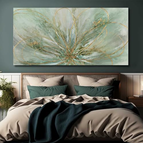 Abstract Wall Art Green and Gold Hand Painted Oil Painting Blossom Botanical Large Picture for Living Room Bedroom Kitchen Office 30x60 Inch