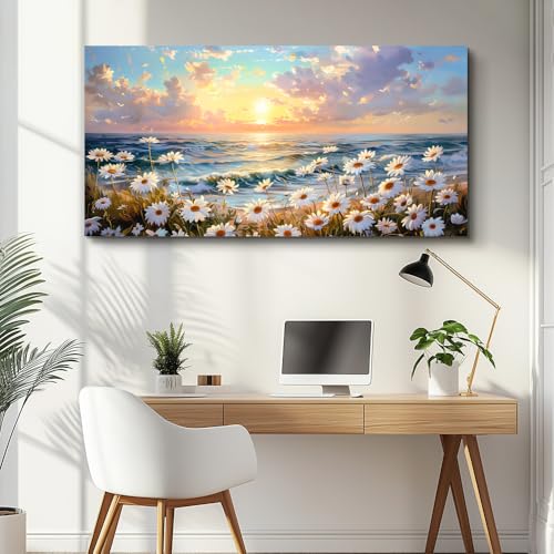 Large Wall Decor Canvas Painting Wall Art For Living Room Dining Room Bedroom Landscape Decor White Flowers Beach with waves Painting Print Artwork Picture Home Decor Aesthetics 24x48 In