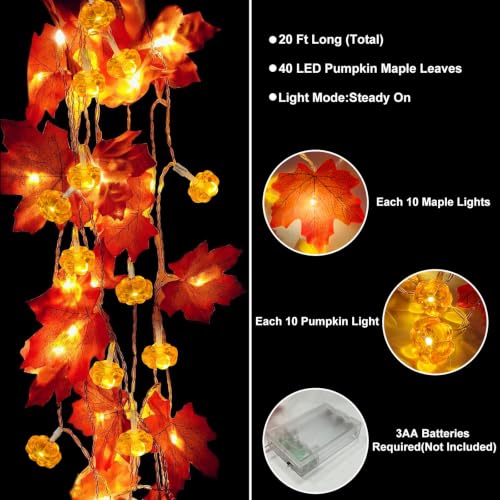 Timer 2 Pack Fall Decor Fall Garland with Pumpkin Lights Battery Operated (20 Foot)