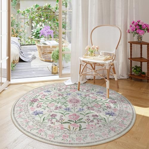Floral Washable Round Rugs 6ft (28.27 Sq Ft)