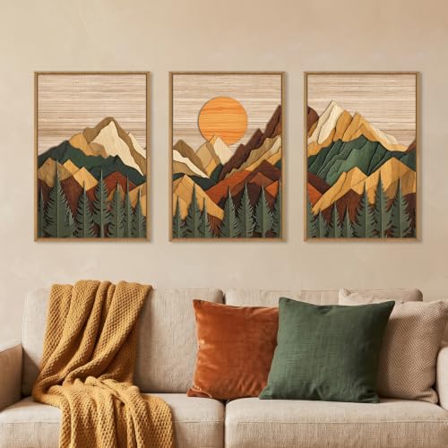 Boho Woodcut Style Mountain Framed Canvas Wall Art Set