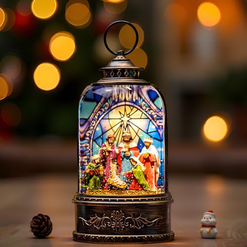 Christmas Snow Globe Swirling Glittering Nativity Scene with Music