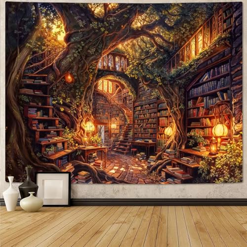 Forest Library Tapestry Tree Bookshelf Tapestries Wall Hanging Vintage Fantasy Fairy Treehouse Book Large Tapestry for Bedroom Living Room Dorm Classroom 80 x 60 inch