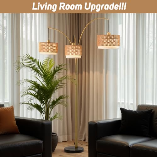 80'' Brushed Gold Rattan Arc Floor Lamp for Living Room