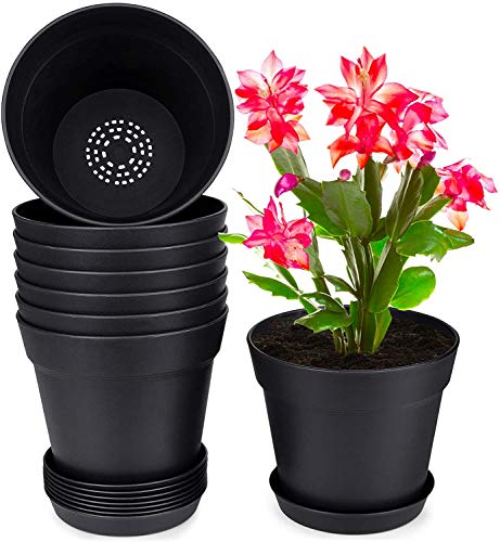 7.5 Inch Plastic Flower Pots with Drainage Holes and Trays (8 Count)
