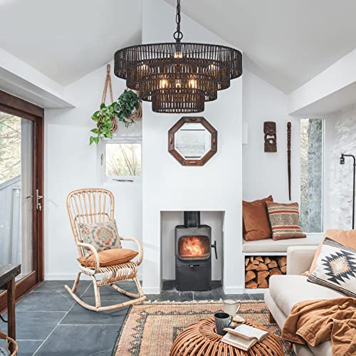 20” Hand Woven Rattan Chandelier 6